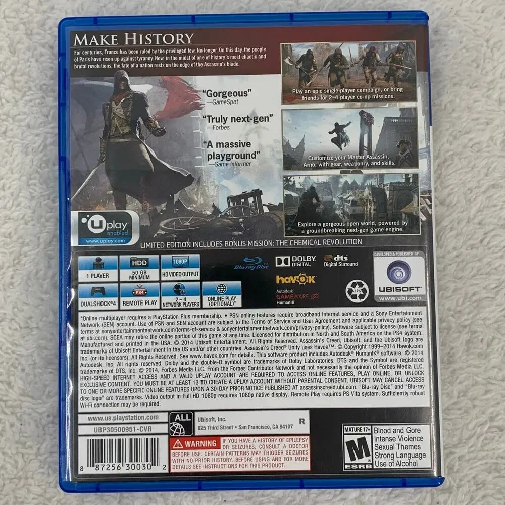 Assassins Creed Unity PS4 Game 2014 Limited Edition Sony PlayStation 4 Tested